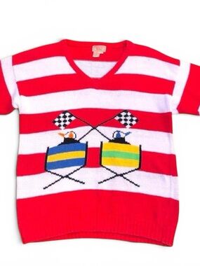 Vintage Racing Red & White Striped V-Neck Knit Top